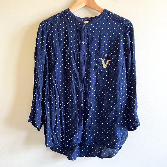 Anthropologie Maeve Polka Dot Monogram ‘V’ Blouse Navy Blue Size M Top Button‎ - Picture 1 of 6